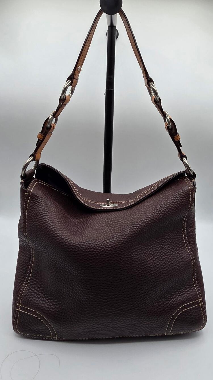Coach Brown Pebble Leather Chelsea Shoulder Bag Purse F12338 Medium Turn Lock